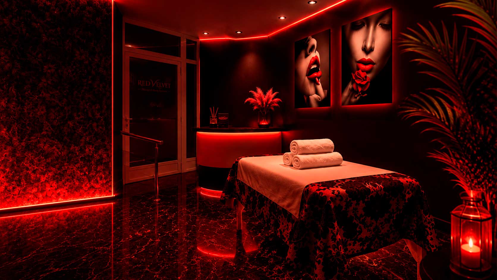 Ambiente privado Red Velvet con estética elegante